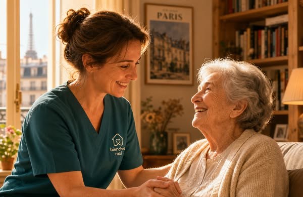 Une aide à domicile et une dame âgée, souriantes, chez elle